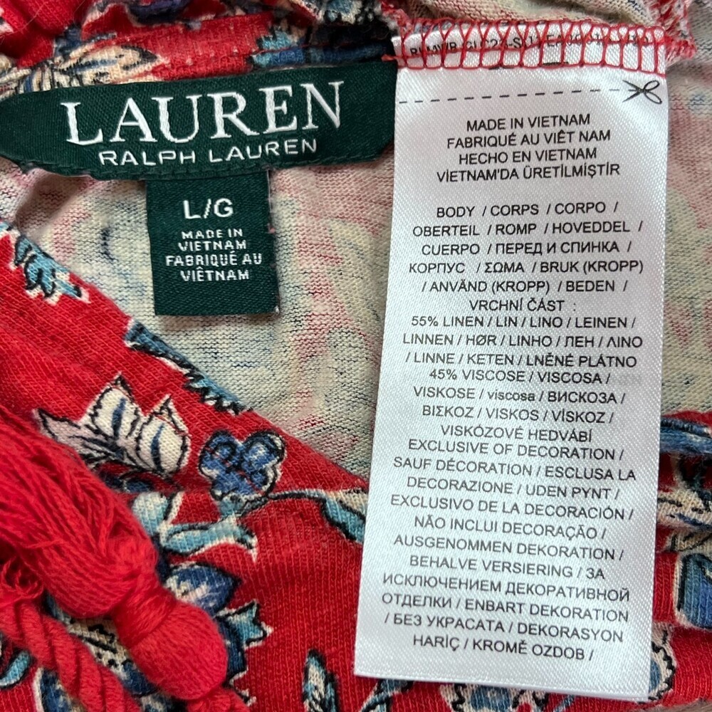 Lauren Ralph Lauren Peasant Blouse Womens L Red Blue Floral Chintz Ruffle Neck - Picture 6 of 10